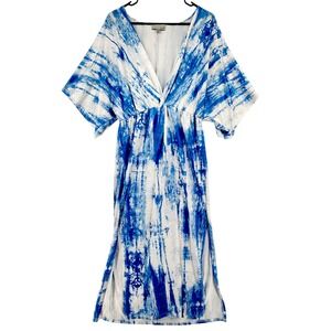 Luukse Boho Maxi Dress sz S Women Blue White Tie Dye Kimono Sleeve Beachy Resort
